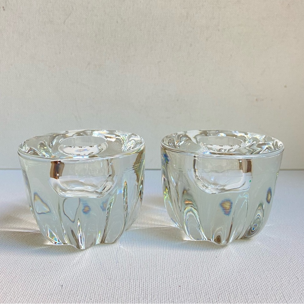Clear glass candle holders for tapers heavy pair with flat tops and fluted sides